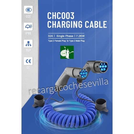 Cable carga coche eléctrico espiral 32A, 7,4Kw, 1fase color azul ¡BOLSA DE REGALO!